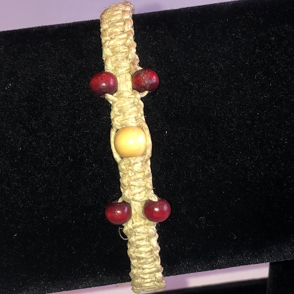 Natural Hemp Bracelet with Red and Cream Beads